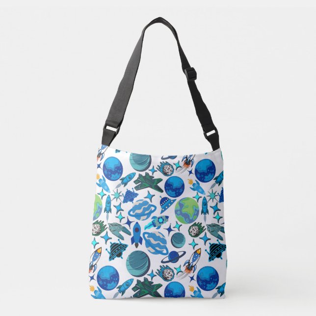 Retro Rockets in Space. White BG Crossbody Bag (Front)