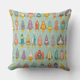 retro rockets mint throw pillow