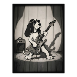 Retro Rockstar Basset Hound Guitarist Monochrome Photo Print
