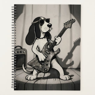 Retro Rockstar Basset Hound Guitarist Monochrome Planner