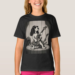 Retro Rockstar Basset Hound Guitarist Monochrome T-Shirt