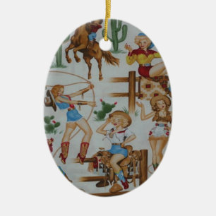 Retro Rodeo Cowgirls Christmas White Tree Ornament