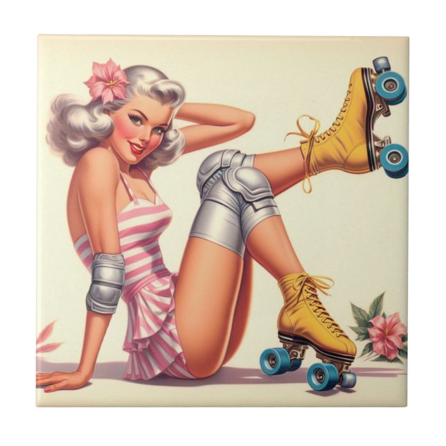 Retro Roller Girl Pin Up Tile (Front)