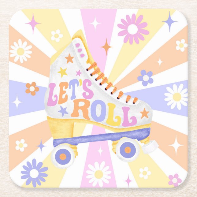 Retro Roller Rink Birthday Party Square Paper Coaster (Front)