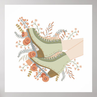 Retro Roller skate flowers in pastel for wall Poster