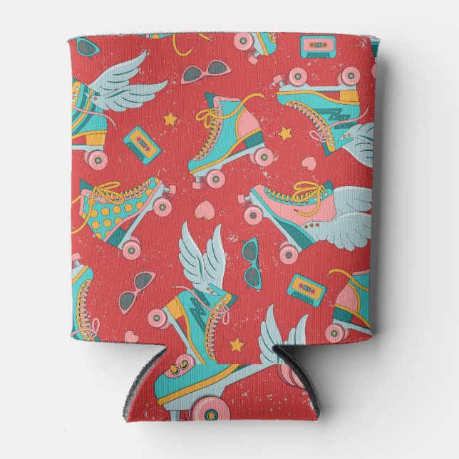 Retro Roller Skates: Bright Red Background Can Cooler (Front)