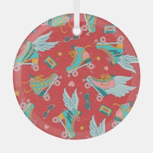 Retro Roller Skates: Bright Red Background Glass Ornament