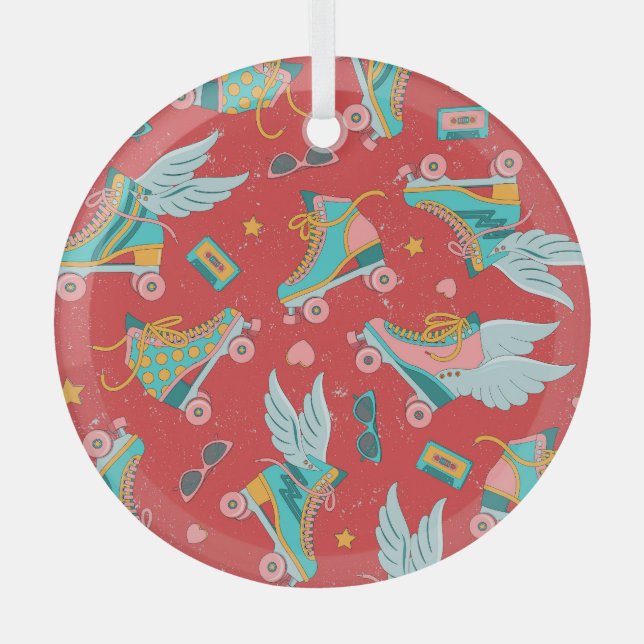 Retro Roller Skates: Bright Red Background Glass Ornament (Front)