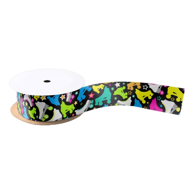 Retro Roller Skates Neon Brights on Black Ribbon Satin Ribbon (Spool)