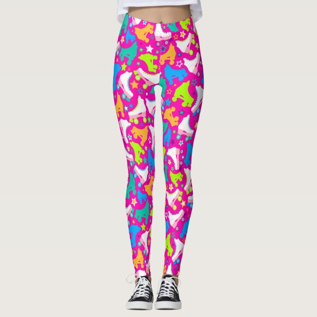 Retro Roller Skates Neon Brights on Pink Leggings (Front)