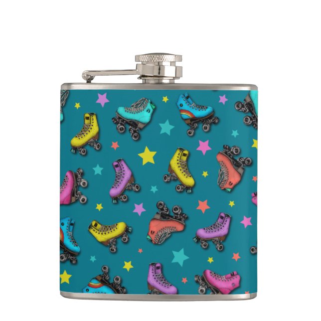 Retro Roller Skates & Stars Hip Flask (Front)