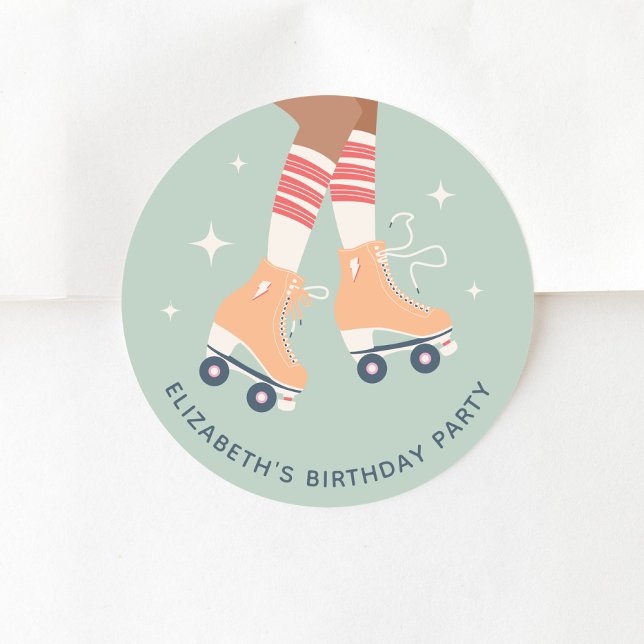 Retro Roller Skating Birthday Party Sage Green Classic Round Sticker (Creator Uploaded)
