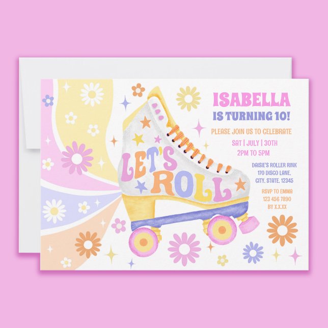 Retro Roller Skating Disco Birthday Party  Invitation (Let's roll on into the party! Invite your guests with this colorful retro roller skate invitation!)