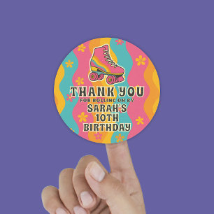 Retro Roller Skating Girl Birthday Party Thank You Classic Round Sticker