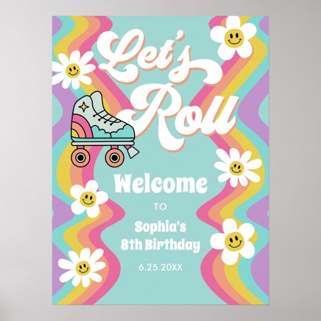 Retro Roller Skating Rainbow Birthday Poster (Front)