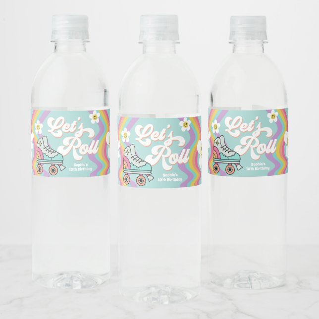 Retro Roller Skating Rainbow Birthday Water Labels (Bottles)