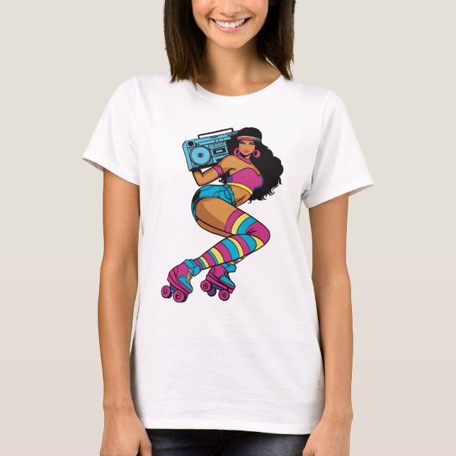Retro Roller Skating Woman with Boombox - 70s Vibe T-Shirt (Front)