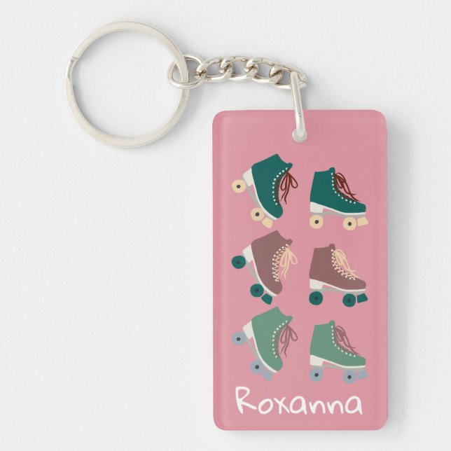 Retro Rollerskates Green Pink CUSTOM Keychain (Front)