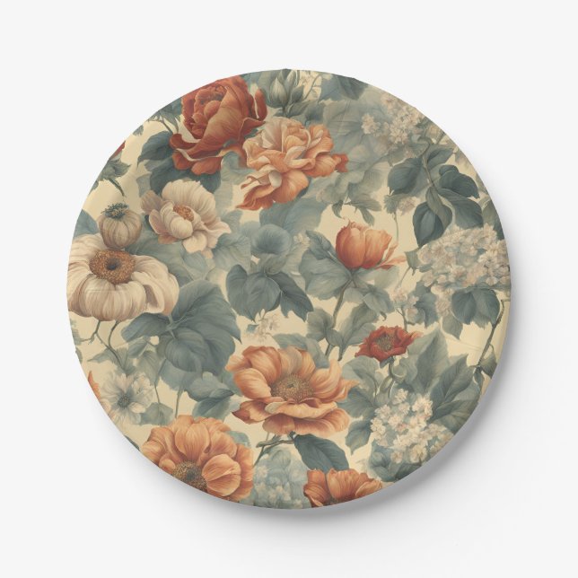 Retro Romance: Antique Flower Designs Paper Plate (Front)