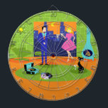 Retro Romantic Evening Couple Dart Board<br><div class="desc">This Retro Romantic Evening Couple Dart Board looks like a scene out of a 1960's romantic comedy. The minimalist design features an attractive cartoon couple in the living room of a mid century modern, urban apartment. The room prominently features a green, stone wall with a floor to ceiling window with...</div>
