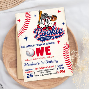 Retro Rookie of the Year Baseball 1st Birthday Invitation
