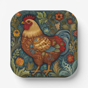 Retro rooster boho chic country chicken  paper plate