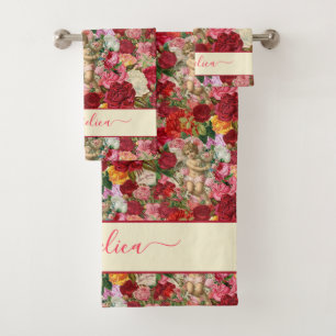 Retro Roses and Chintzy Vintage Cherub Pattern Bath Towel Set