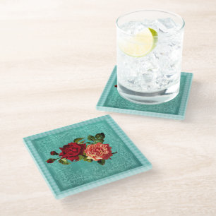 Retro Roses Blue Green Vintage Country  Glass Coaster