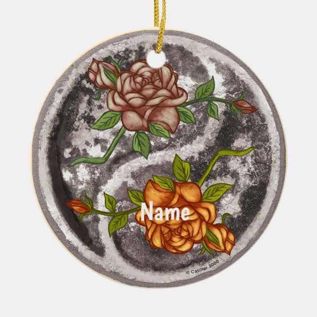 Retro Roses Yin Yang Ceramic Ornament (Front)