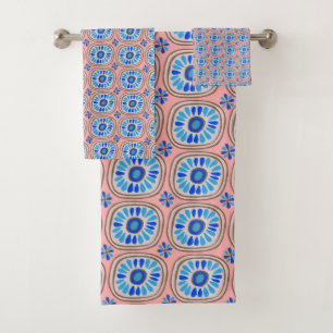 Retro Round Daisy Tile Pattern Blue Peach Bath Towel Set