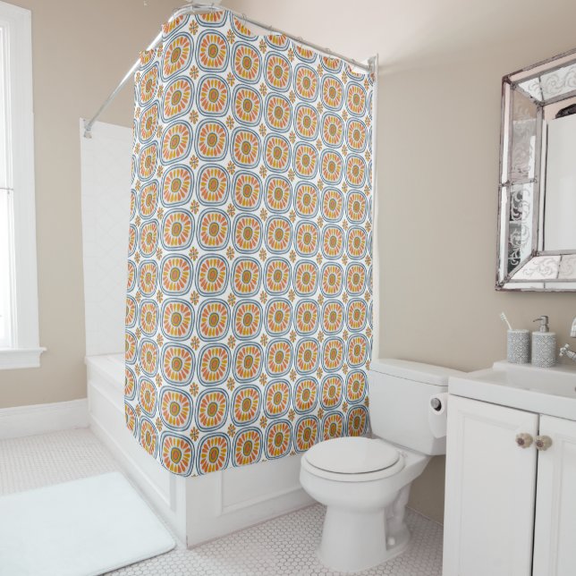 Retro Round Daisy Tiles Pattern Hand Drawn Blue (In Situ)