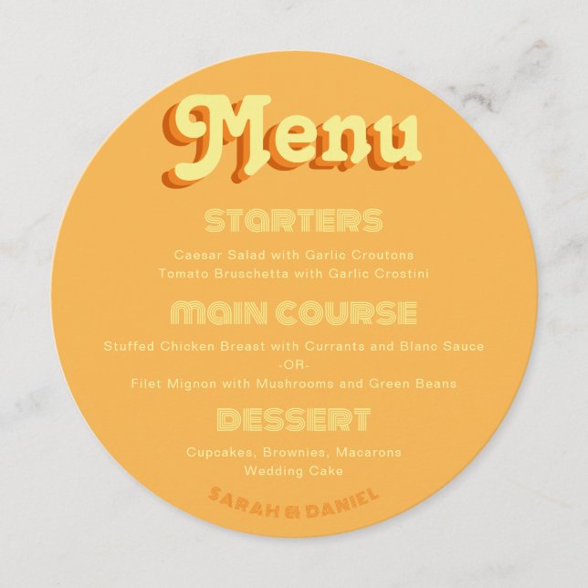 Retro Round Groovy 70s Orange Yellow Wedding Menu (Front)
