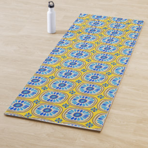 Retro Round Mexican Daisy Tile Pattern Yoga Mat
