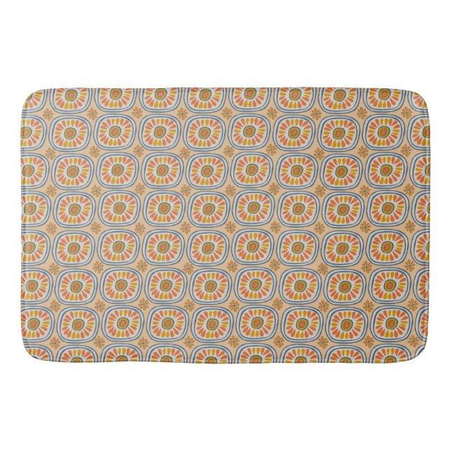 Retro Round Tiles Mexico Daisy Pattern Blue Orange Bath Mat (Front)