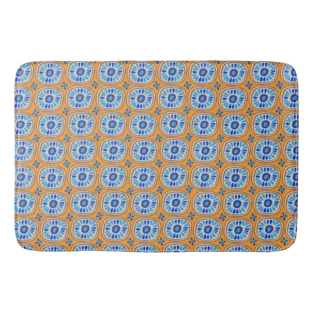 Retro Round Tiles Mexico Daisy Pattern Blue Orange Bath Mat (Front)
