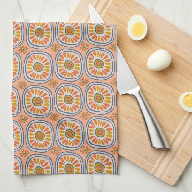 Retro Round Tiles Mexico Daisy Pattern Peach Kitchen Towel (Quarter Fold)