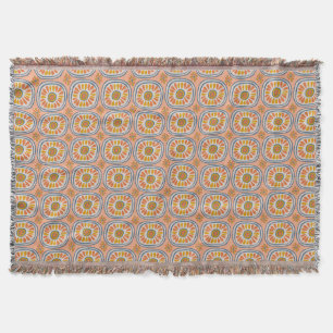 Retro Round Tiles Mexico Daisy Pattern Peach Throw Blanket