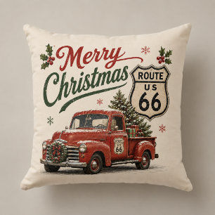 Retro Route 66 Christmas Truck Decor Throw Pillow