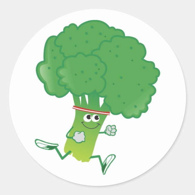 Retro Running Broccoli Classic Round Sticker (Front)