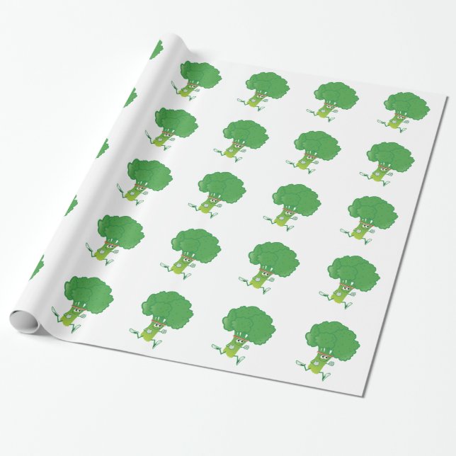 Retro Running Broccoli Wrapping Paper (Unrolled)