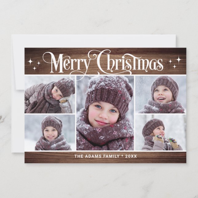 Retro Rustic Christmas 5 PHOTOS Greetings Holiday Card (Front)