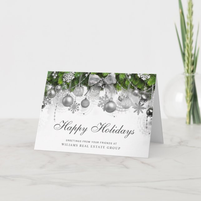 Retro Rustic Christmas Ornament Corporate Greeting Holiday Card (Front)