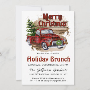 Retro Rustic Christmas Red Truck Holiday Brunch Invitation