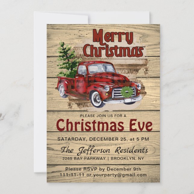 Retro Rustic Farm Red Truck Christmas Eve Party Invitation (Front)