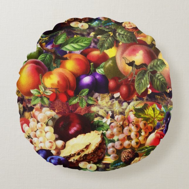 Retro Rustic Fresh Summer Tropical Fruit Vegetable Round Pillow (Front)