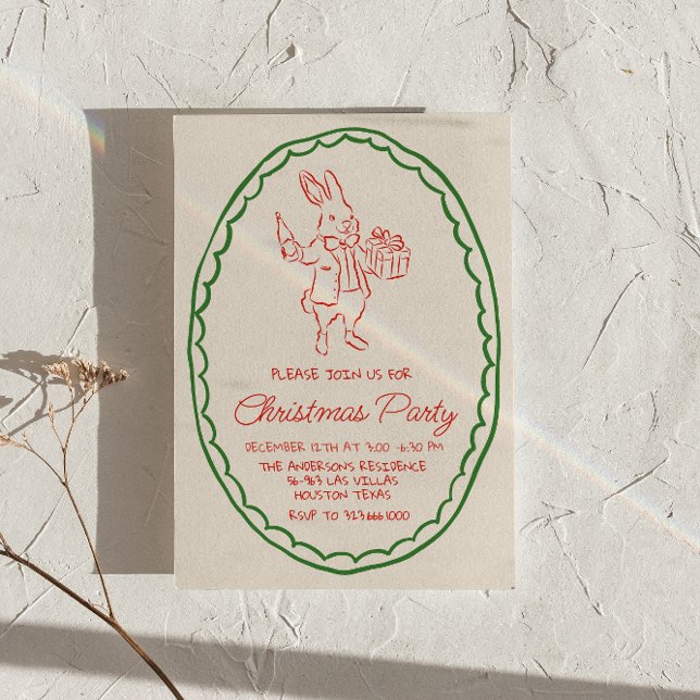 Retro Rustic Hand Drawn Red Christmas Rabbit Party Invitation (Creator Uploaded)