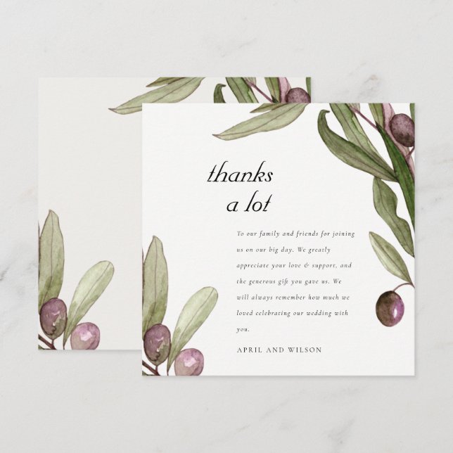 RETRO RUSTIC OLIVE WATERCOLOR FOLIAGE WEDDING THANK YOU CARD (Front/Back)