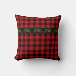 Retro rustic red black buffalo plaid pine cone throw pillow