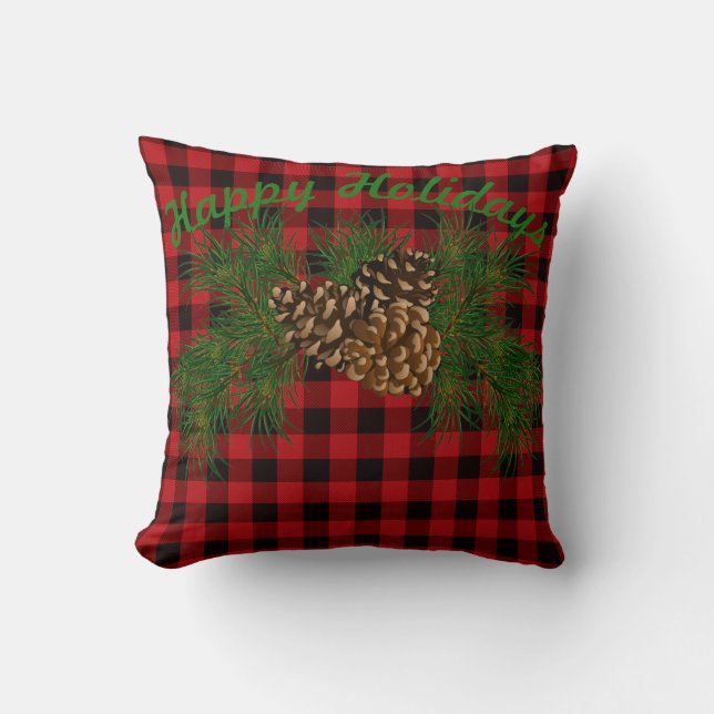 Retro rustic red black plaid holiday pine cone throw pillow (Front)