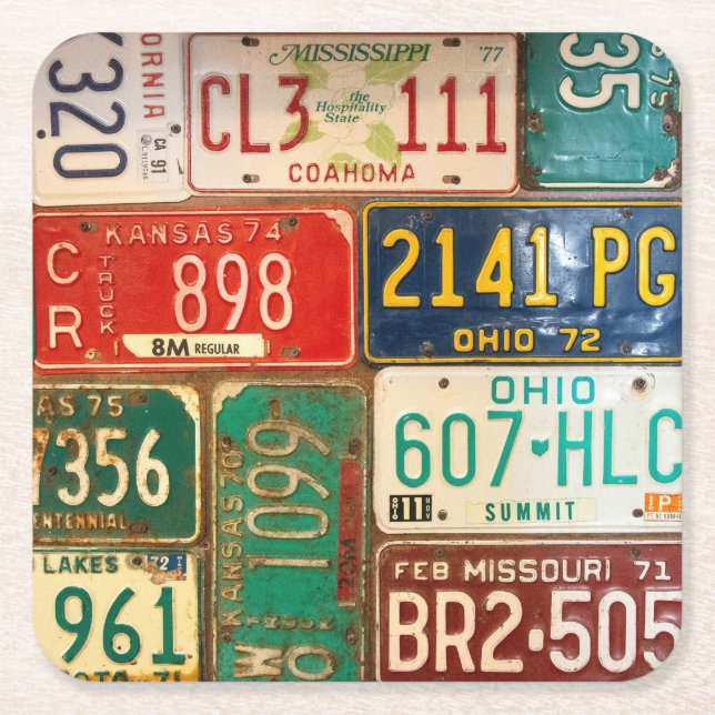 retro rusty license plate collection square paper coaster (Front)